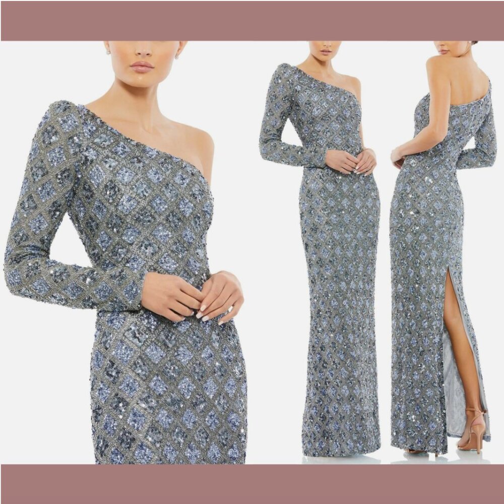 NWT $798 Mac Duggal [ 4 ] Embellished One Shoulder Asymmetrical Gown Slate #Q767